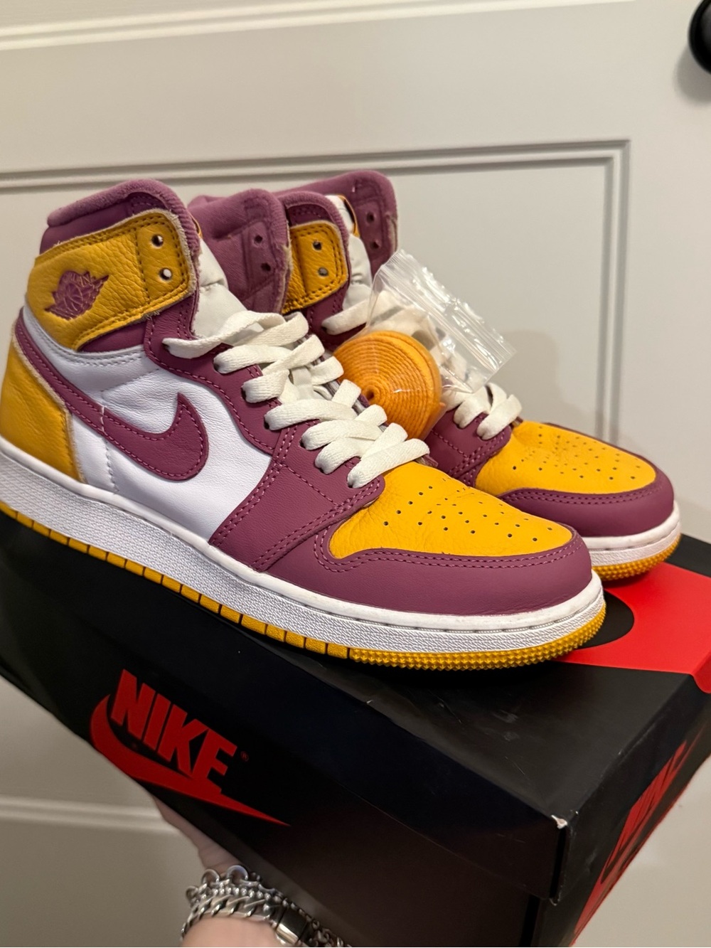Jordan Women’s High Top Sneakers in Purple, Yellow & White